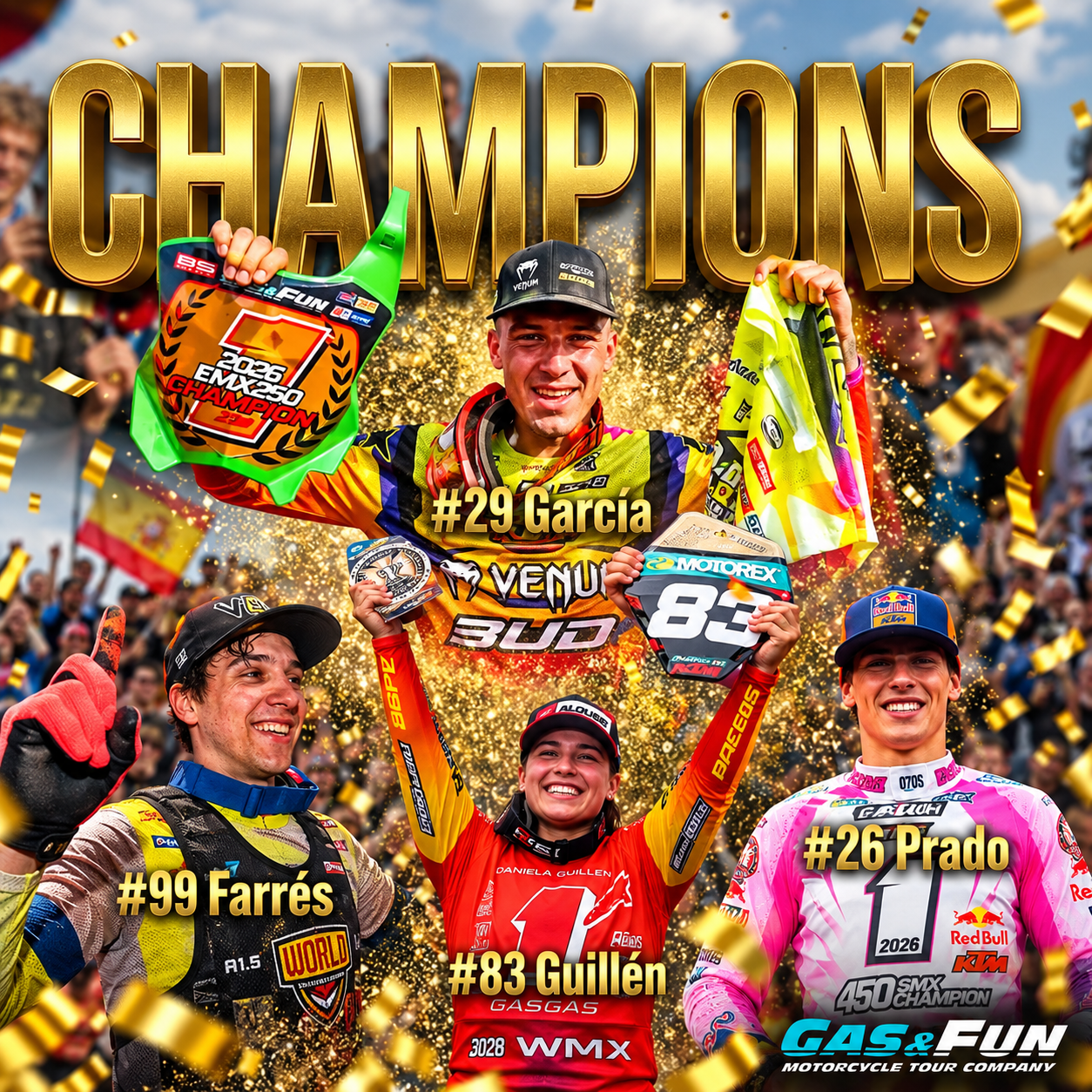 Collage de los campeones españoles de motocross 2026: Jorge Prado, Francisco García Carbonero, Daniela Guillén y Guillem Farrés