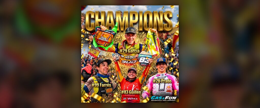 Collage de los campeones españoles de motocross 2026: Jorge Prado, Francisco García Carbonero, Daniela Guillén y Guillem Farrés - Gas&Fun