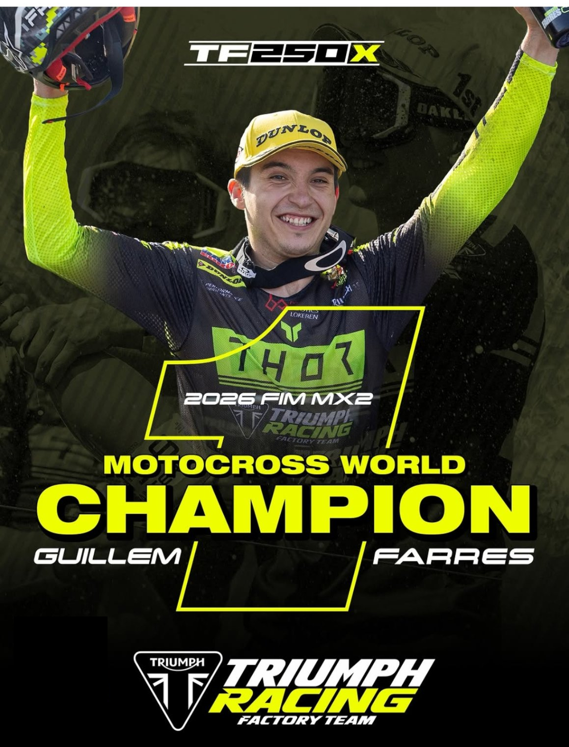 Guillem Farrés celebra su título de campeón del mundo de MX2 2026 con Triumph Racing Factory Team